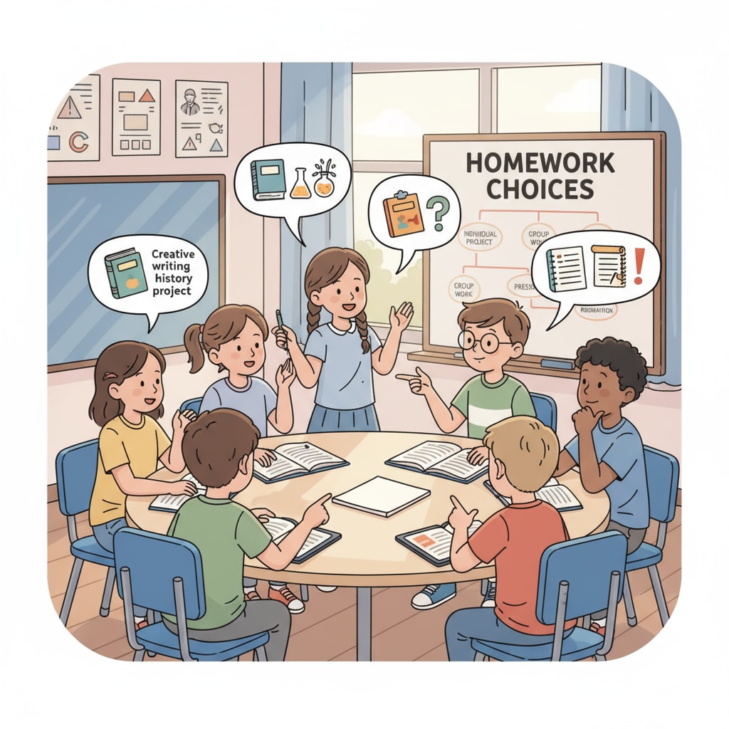 Students discussing their autonomous homework choices in a classroom, highlighting the connection between homework, self-responsibility, and learning motivation.