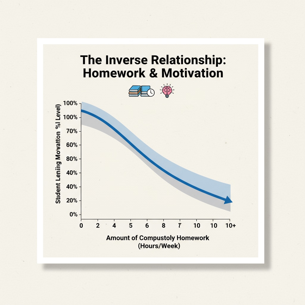 Graph depicting the inverse relationship between excessive compulsory homework and low learning motivation, related to the concepts of homework, self-responsibility, and learning motivation.