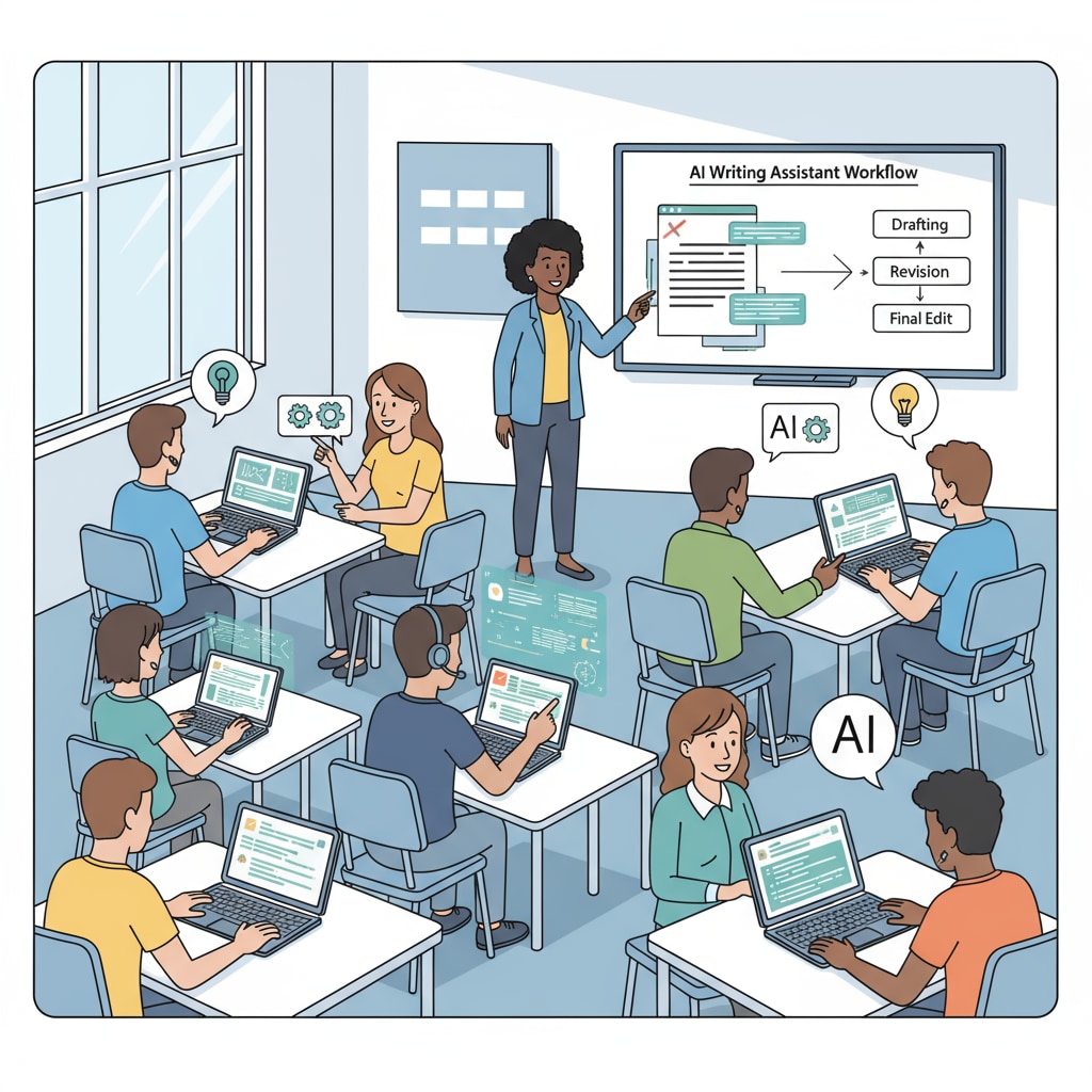 Students using AI tools for writing skills improvement in a K12 classroom