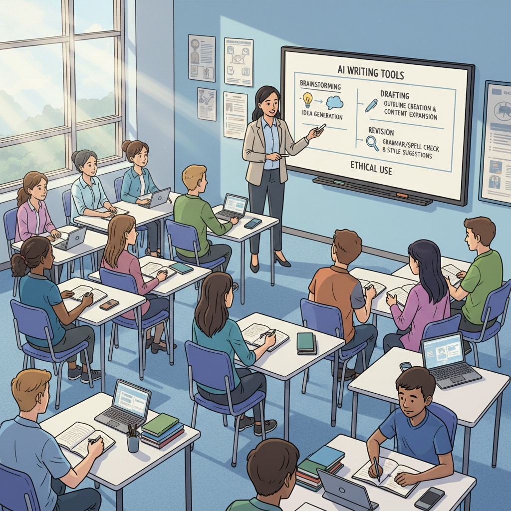 Teacher guiding students on effective use of AI tools for writing skills in K12 education