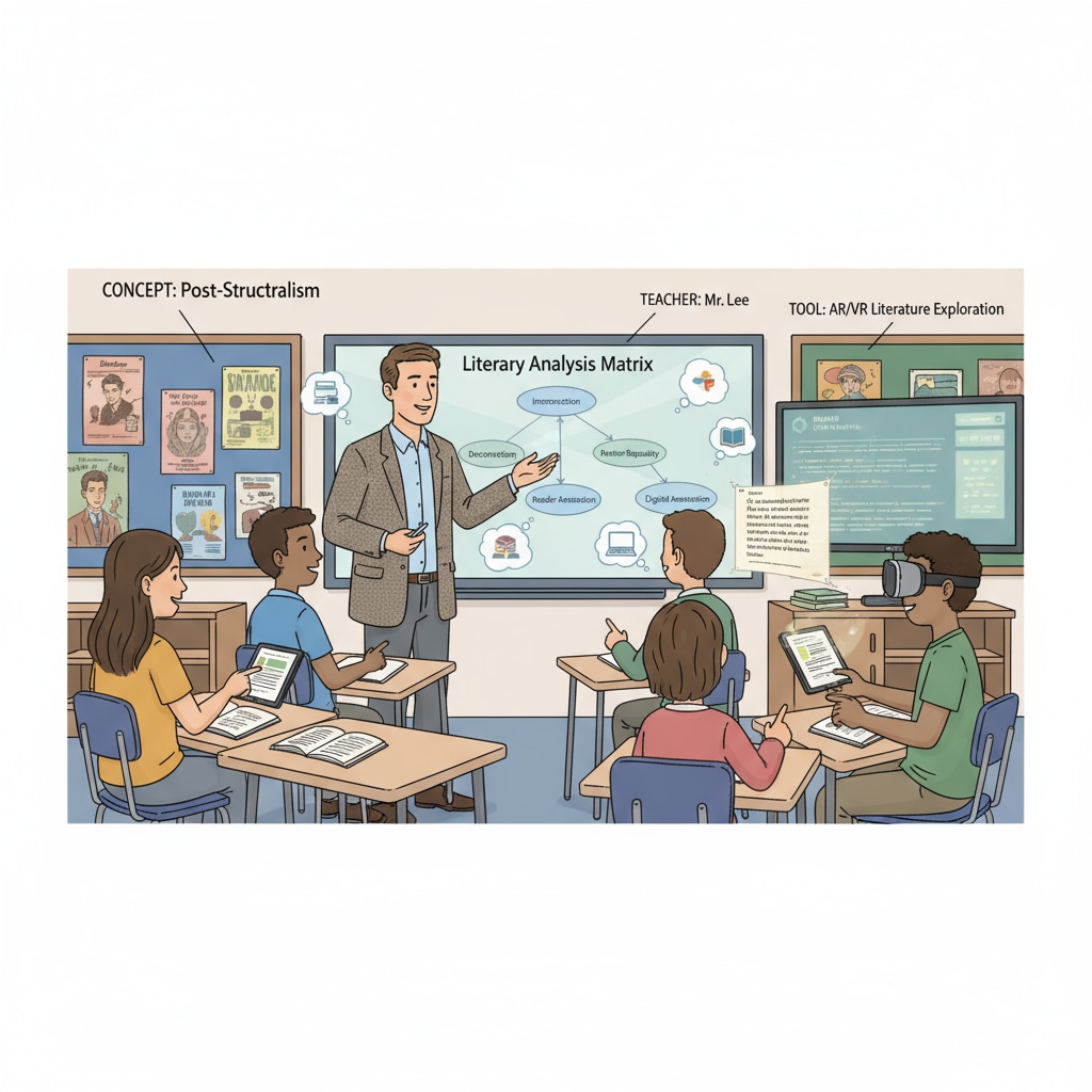 Ninth-grade English teacher teaching a complex literary concept relevant to English courses, literary works, and learning experiences