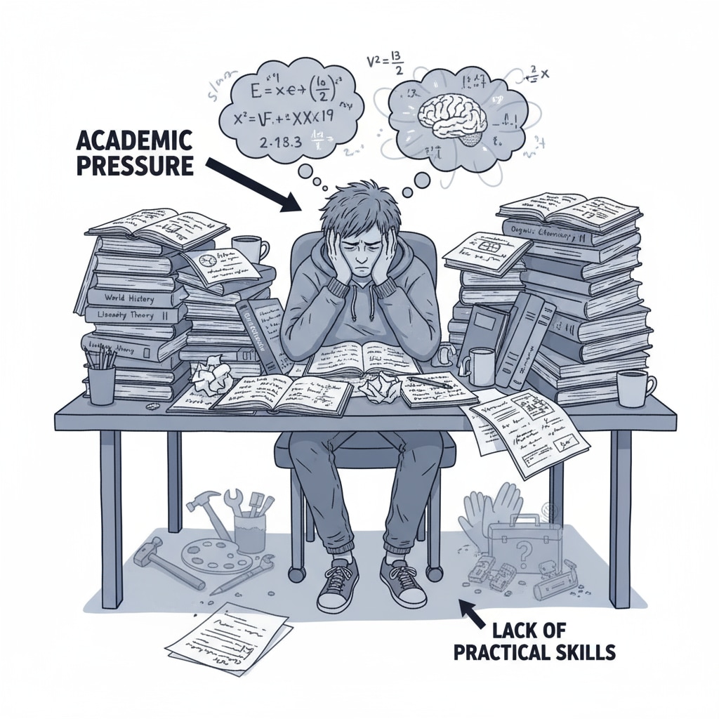 A stressed student surrounded by textbooks showing the imbalance between school education and practical skills development