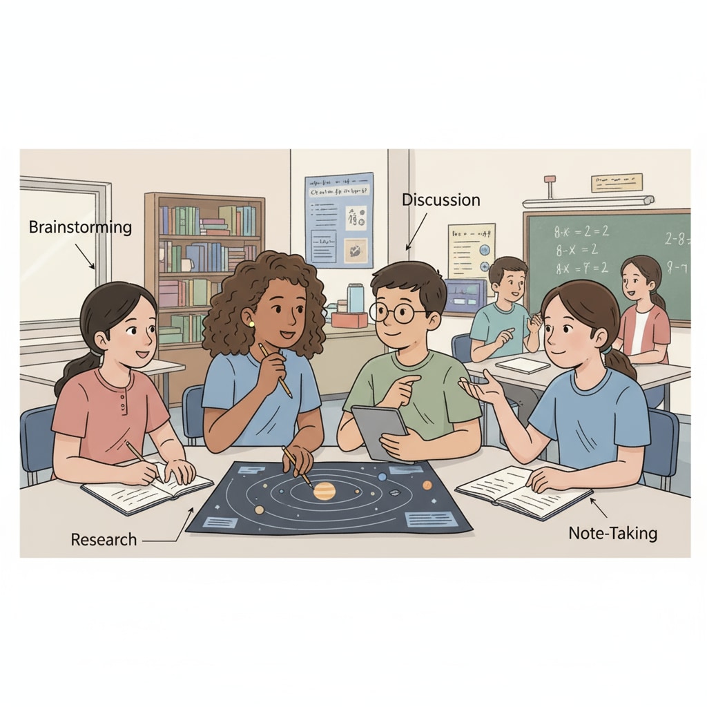 K12 students demonstrating active listening and communication during a group project