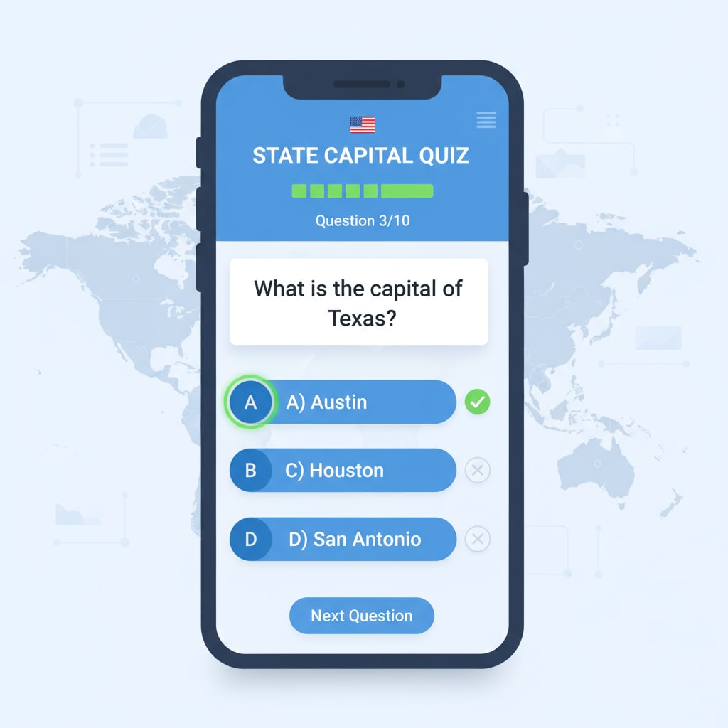 A screenshot of a geography learning app used for state capital quizzes, highlighting its function as an educational tool.