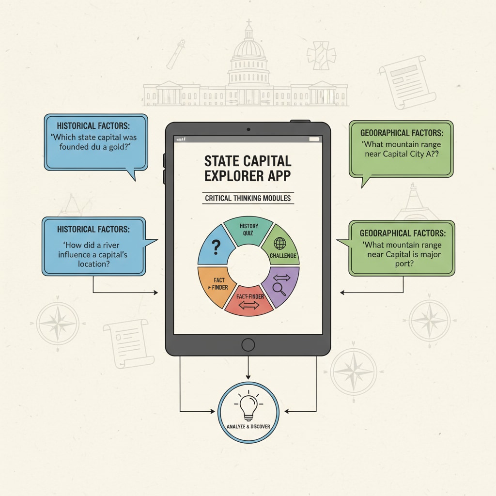 A graphic demonstrating how state capital learning apps, as educational tools, enhance critical thinking.