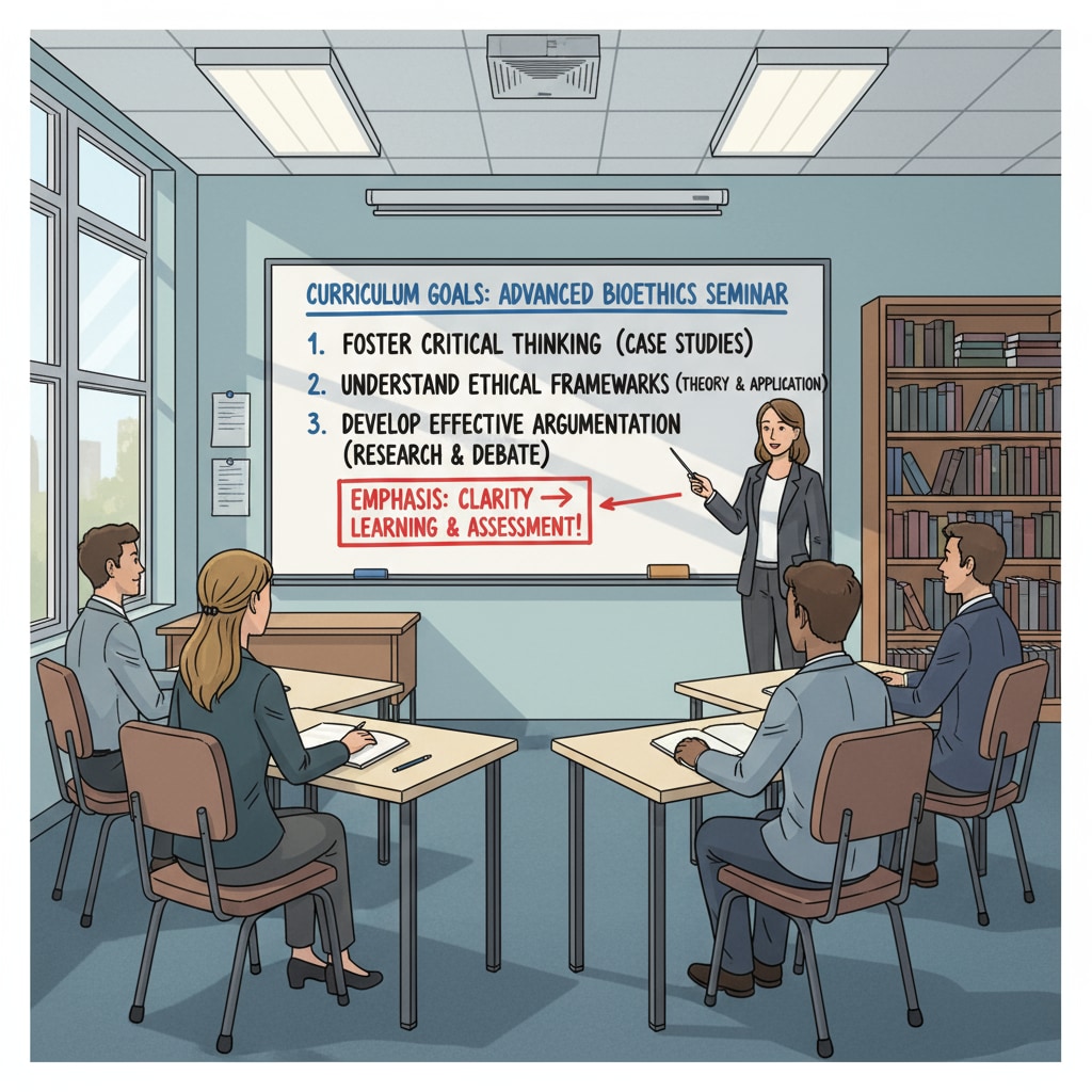 Whiteboard with curriculum goals in a professional school relevant to teaching and student evaluation