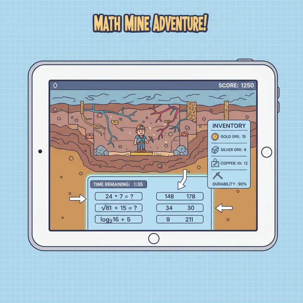 A view of the innovative mathematical mining world game prototype for interactive math learning.