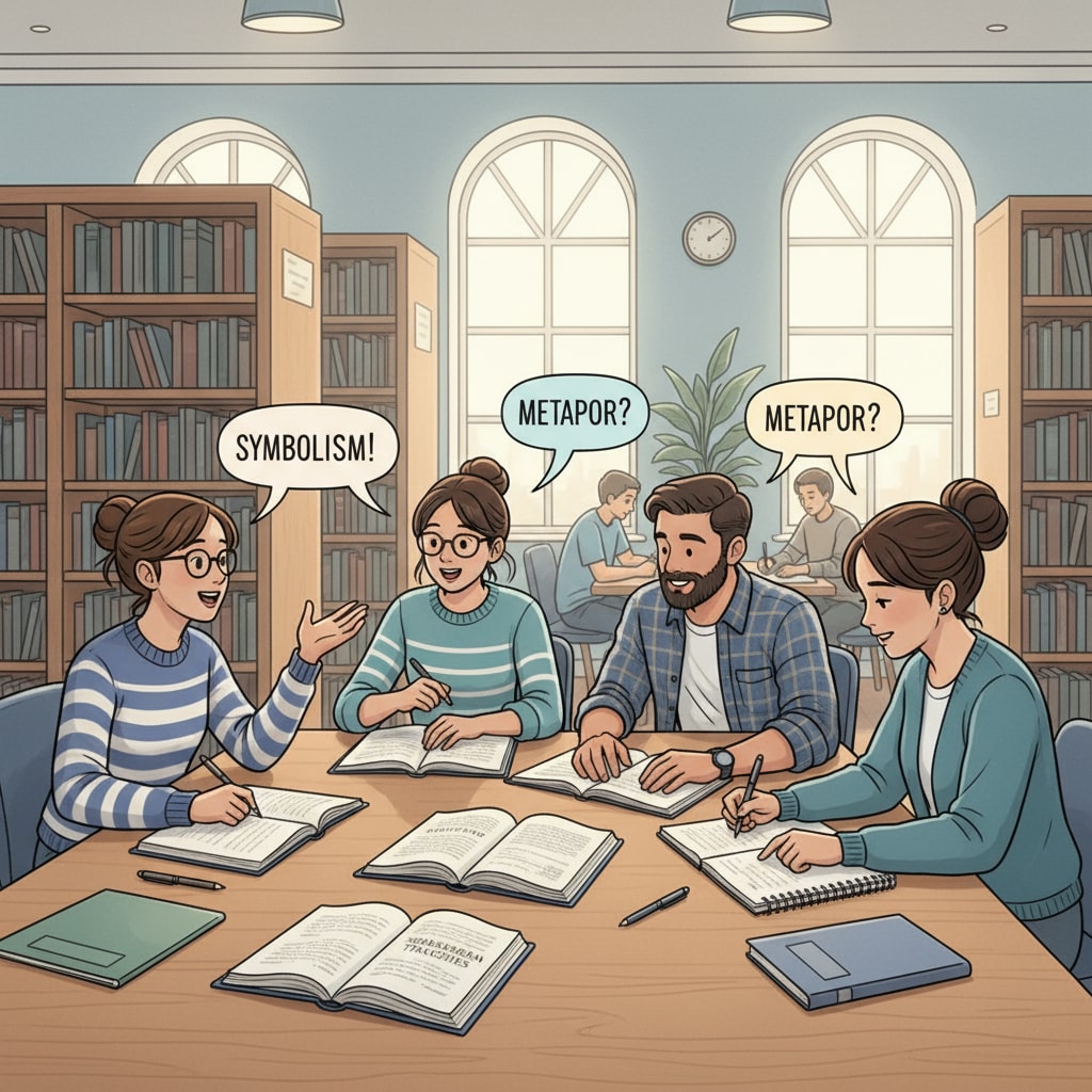 Students discussing English literature in a library for creative writing inspiration