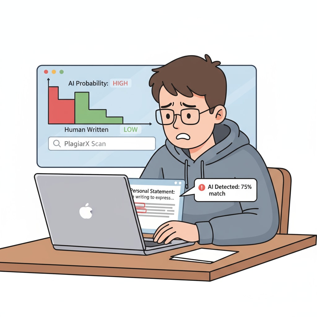 A worried student typing a personal statement with an AI detection tool in sight during college application process