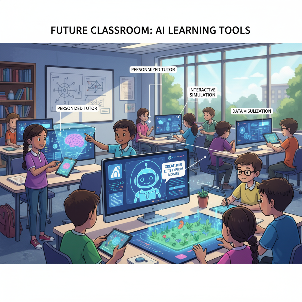 Students are gathered around computers in a classroom, using AI tools to learn. K12 students using AI tools in a classroom