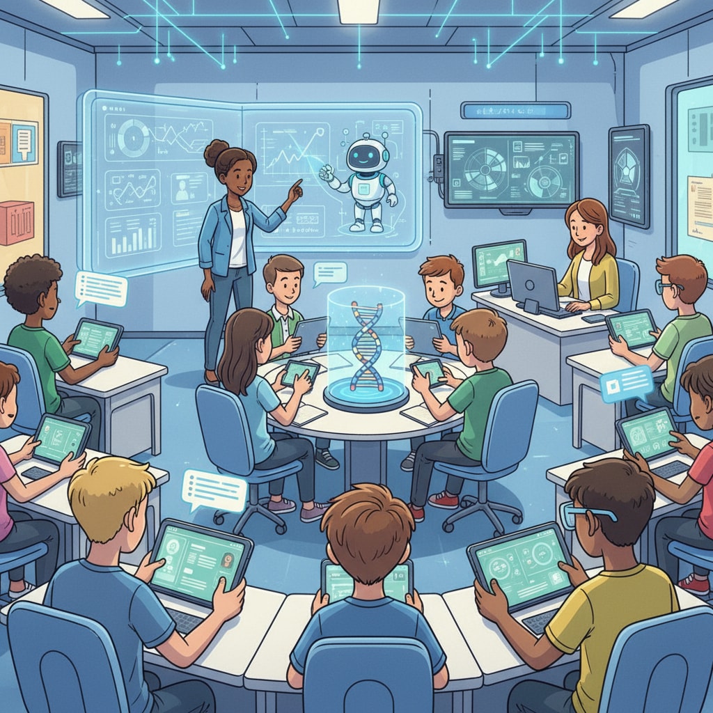Students using AI - powered educational tools in a K12 classroom related to artificial intelligence, higher education, and automation