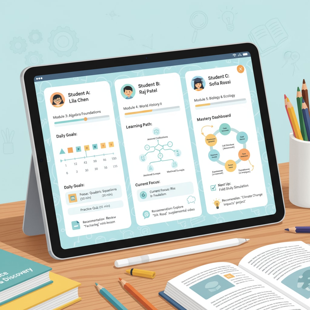 Adaptive learning software interface showing personalized study plans relevant to artificial intelligence, higher education, and automation