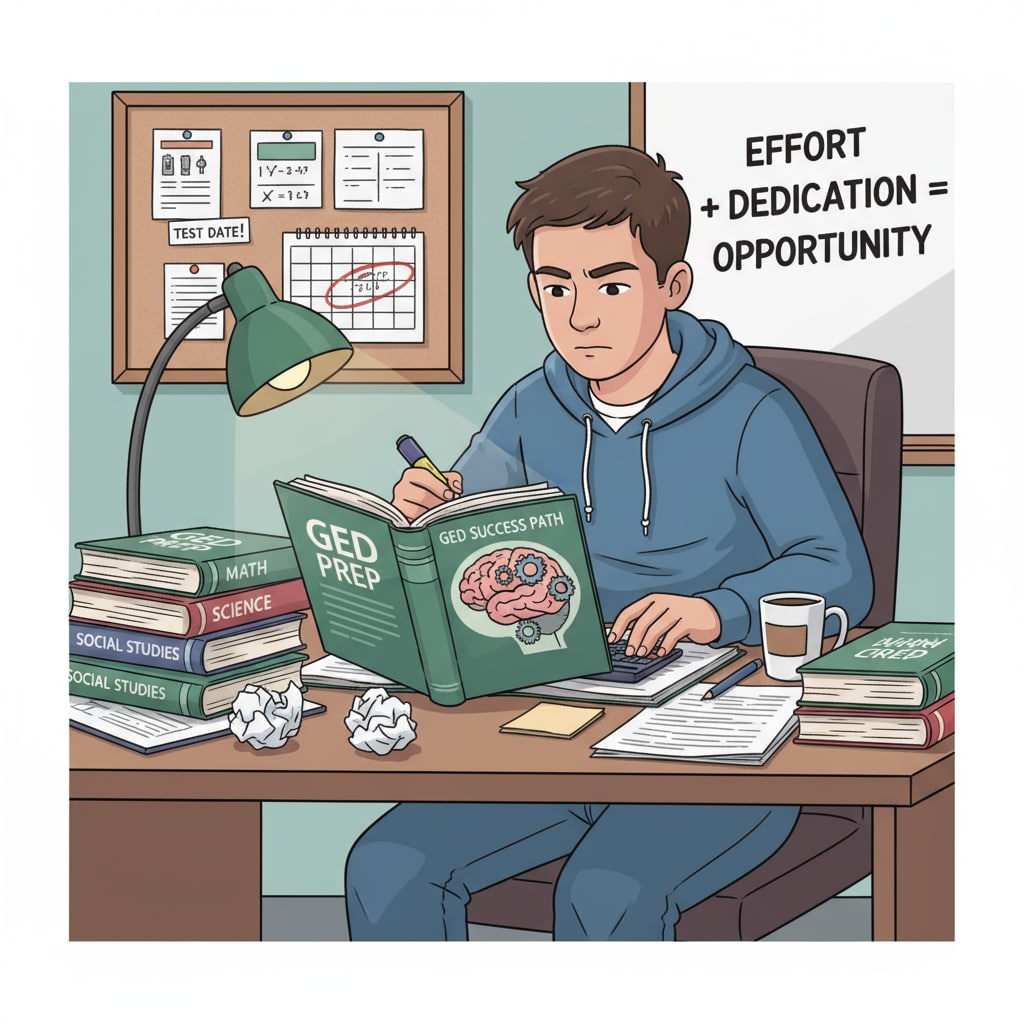 A student studying for GED tests in relation to high school dropouts and further study planning