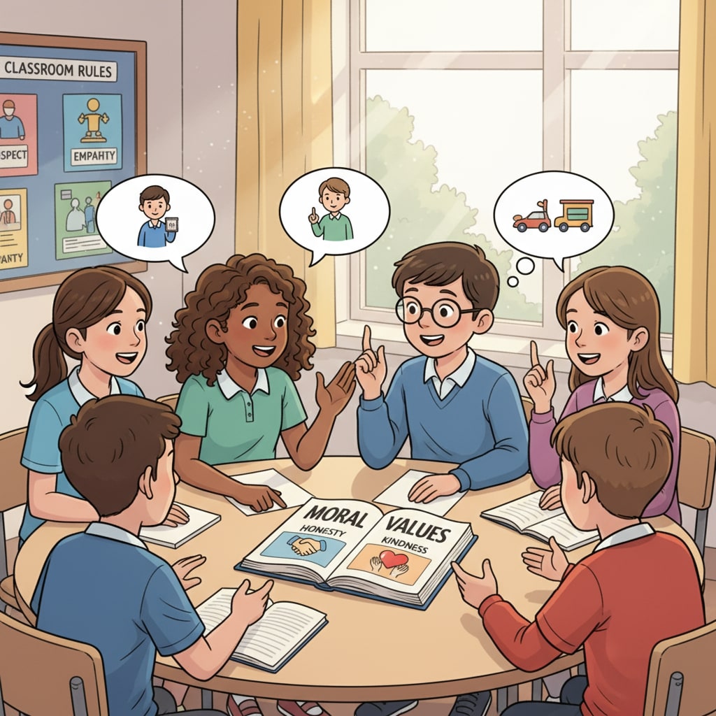 Students discussing moral values for civic education in a K12 classroom