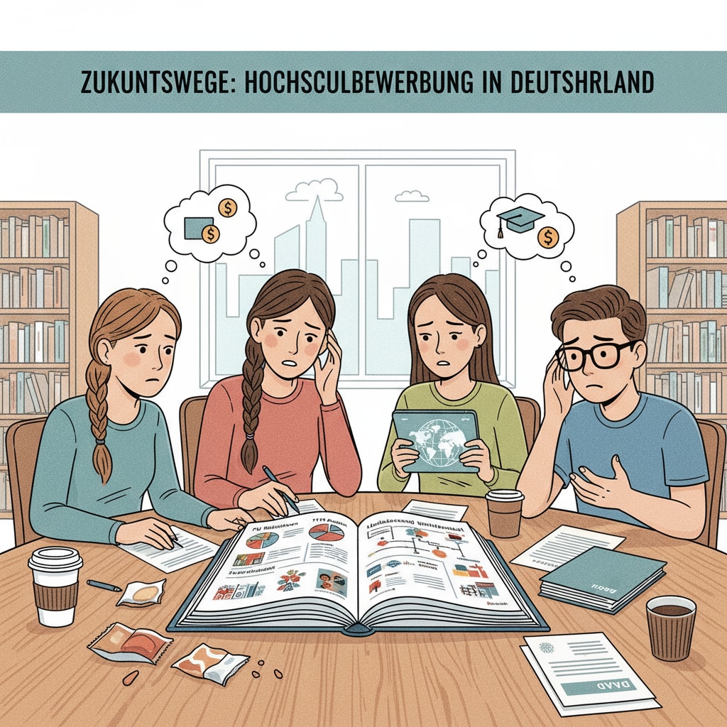 A group of German students sitting around a table, discussing their university application options, looking concerned. German students discussing Oxford University applications amidst the conflict of German education system and predicted grades