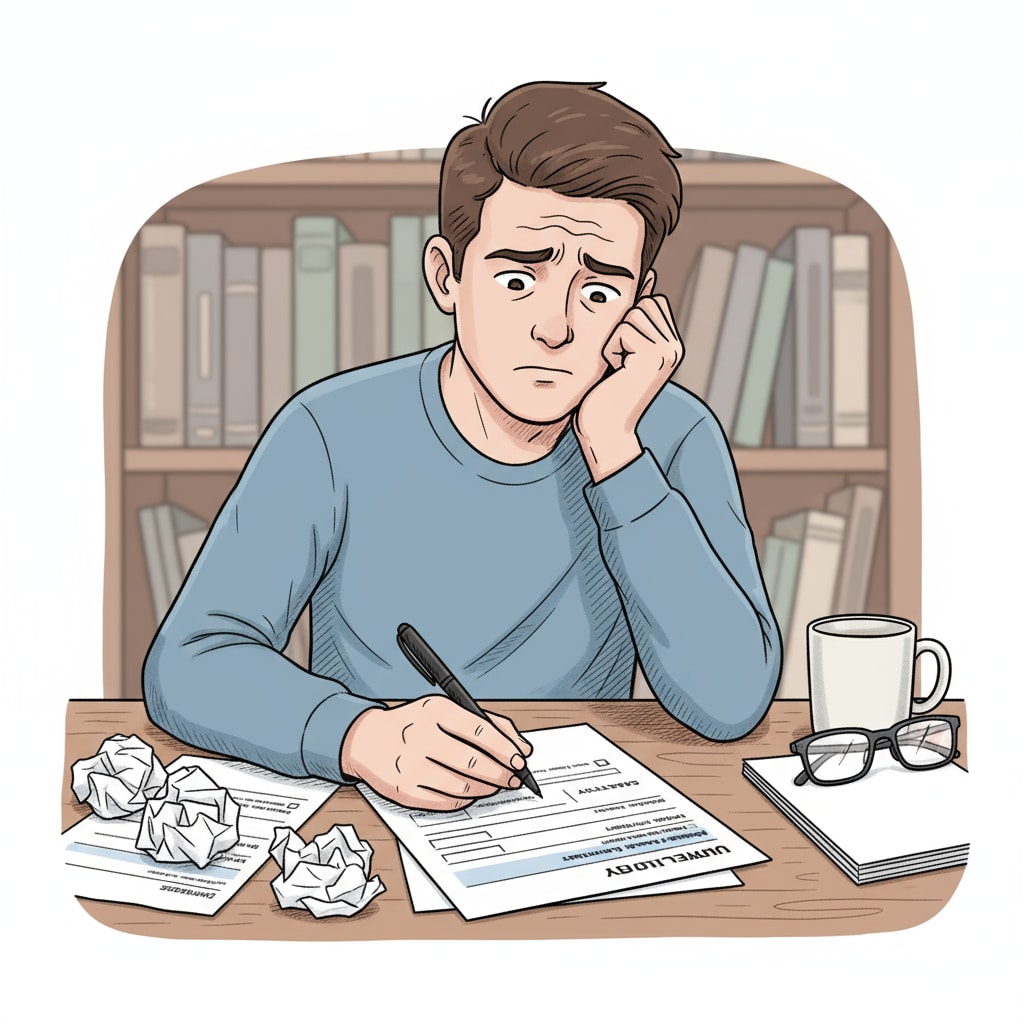 A close-up of a student looking worried while filling out a university application form, with papers and a pen on the table. A Bavarian student worried about Oxford University application due to German education system's ban on predicted grades