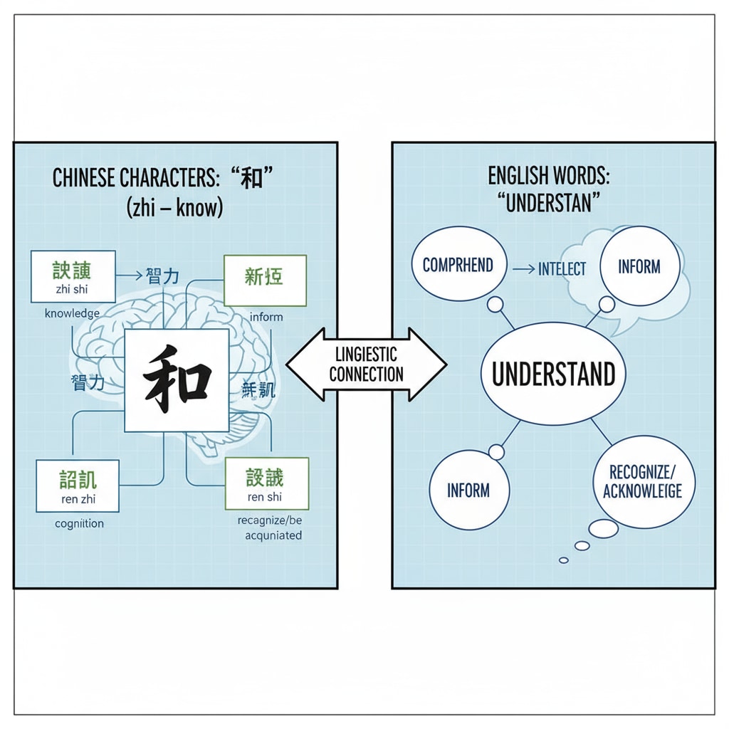 The image showcases a visual comparison of Chinese characters related to '知' and English words associated with 'understand', highlighting the linguistic elements. A visual representation of the linguistic differences between '知' and 'understand' in Chinese and English