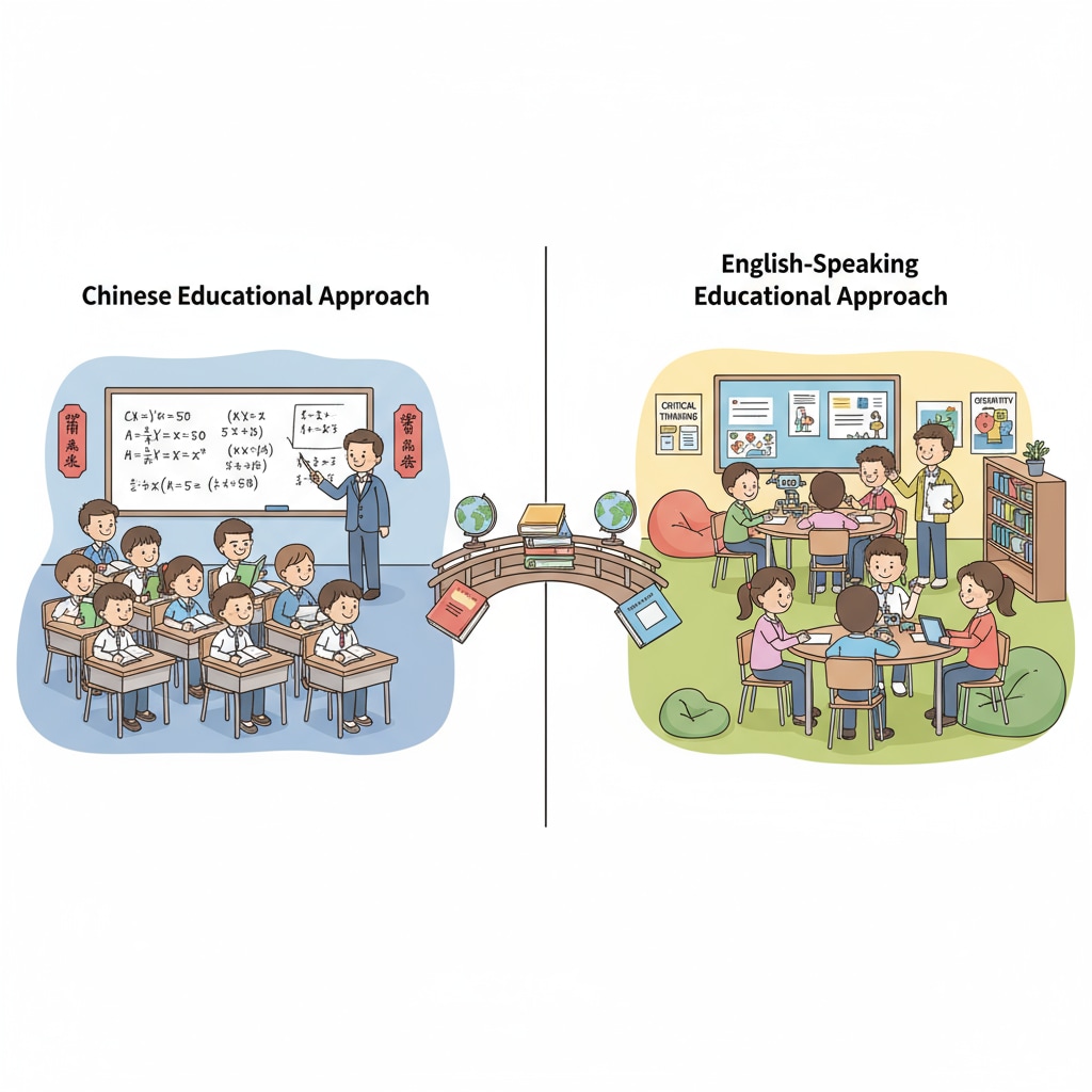 The picture depicts a classroom setting where students from Chinese and English-speaking cultures are engaged in learning activities that reflect their respective cultural approaches to education. A classroom scene demonstrating cultural thinking differences in education between Chinese and English-speaking cultures