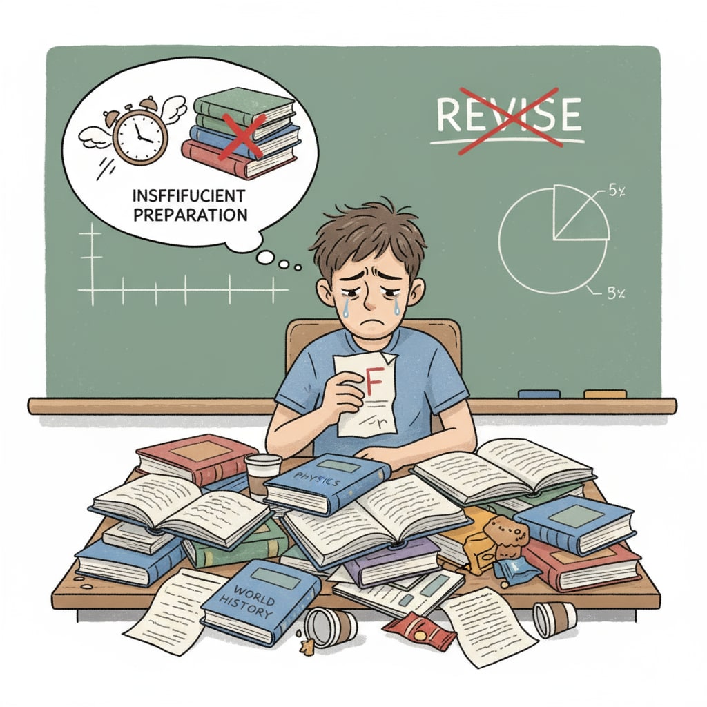 A frustrated student with scattered study materials, showing exam failure from lack of preparation
