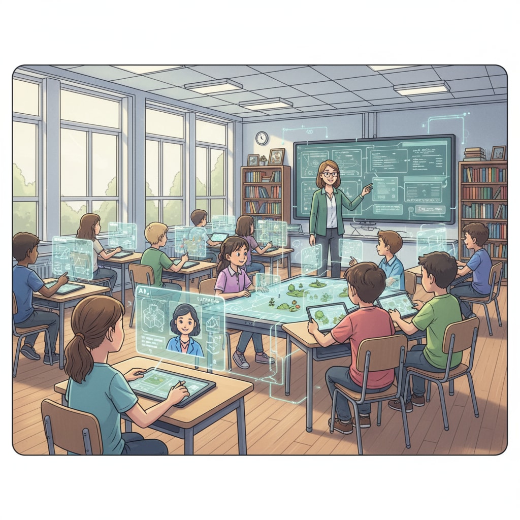 AI education in a classroom setting with students using AI-powered teaching devices