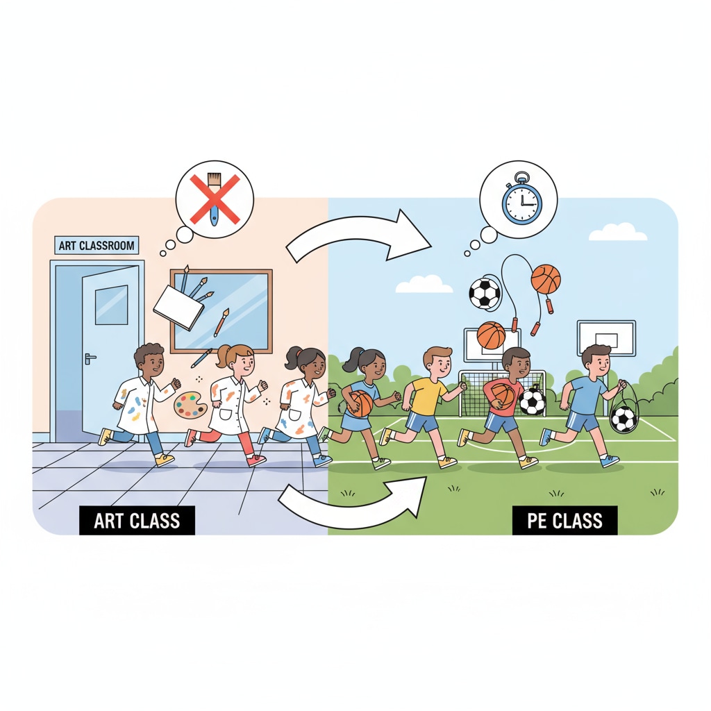 Students moving from art class to PE class, related to special courses, teacher substitution, physical education courses, subject values
