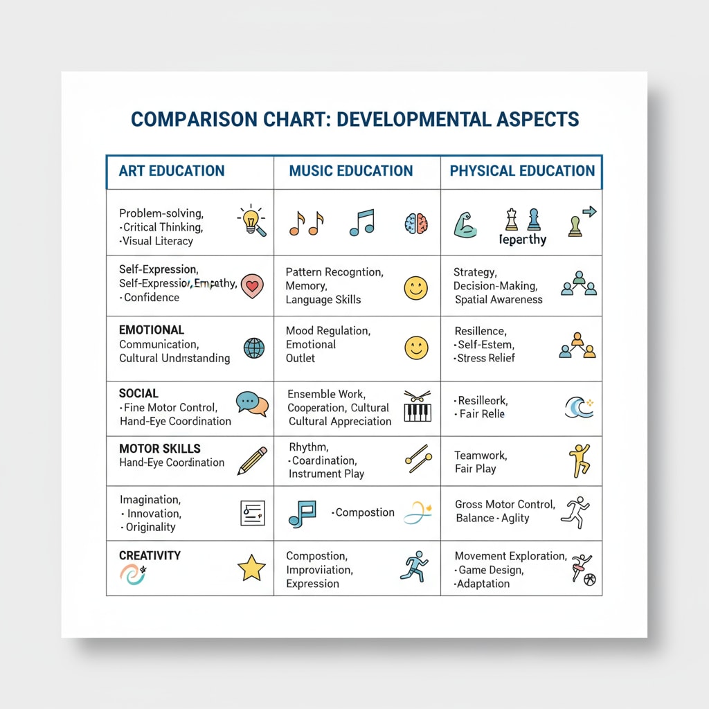 Comparison of development aspects in art, music, and PE, relevant to special courses, teacher substitution, physical education courses, subject values