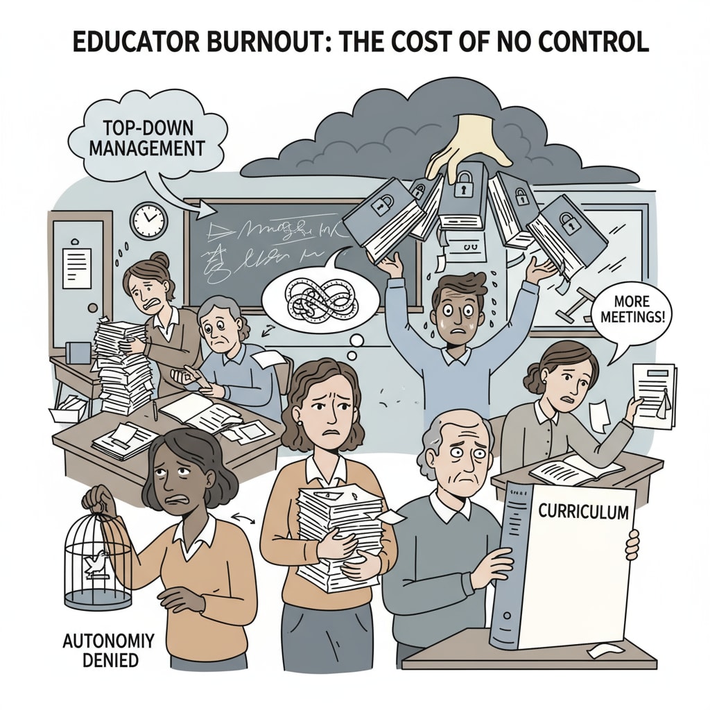 A group of teachers looking stressed, symbolizing the work pressure caused by lack of autonomy Teachers under work pressure due to lack of teaching autonomy