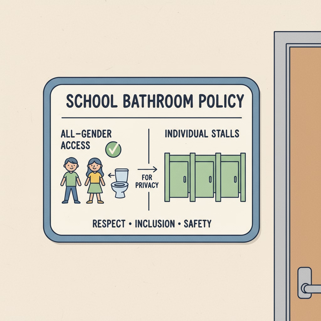 A bathroom sign in a Fairfax County school related to the gender policy under review by the Department of Education