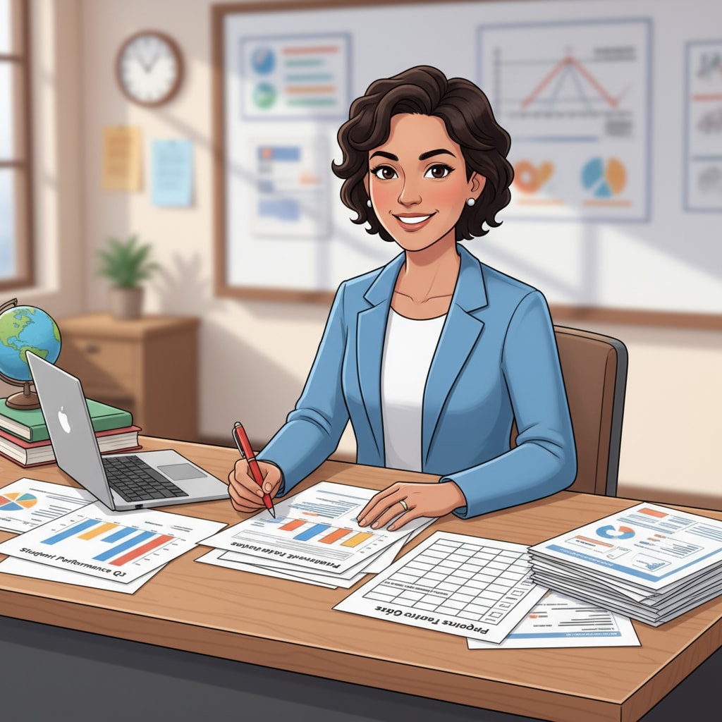 A teacher dealing with data recording and administrative paperwork