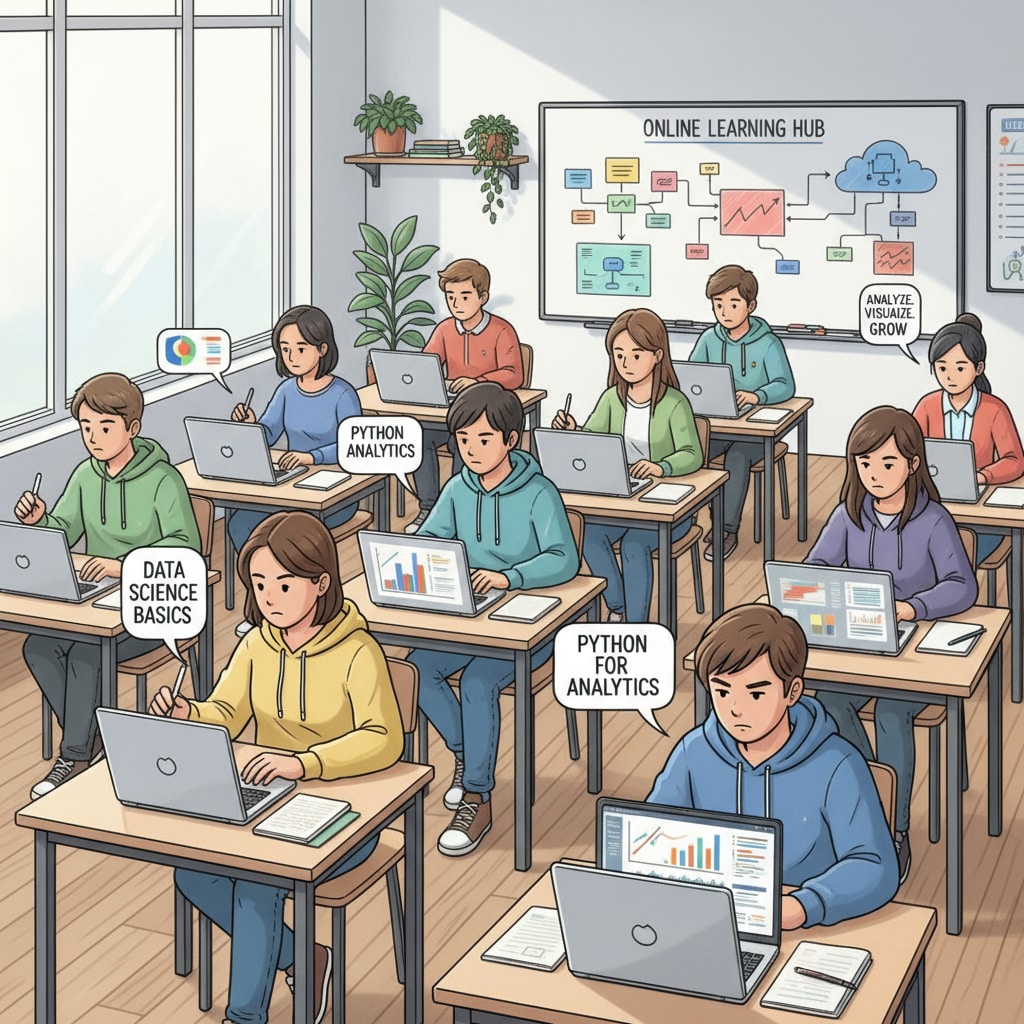 Students accessing free online data analysis courses as learning resources