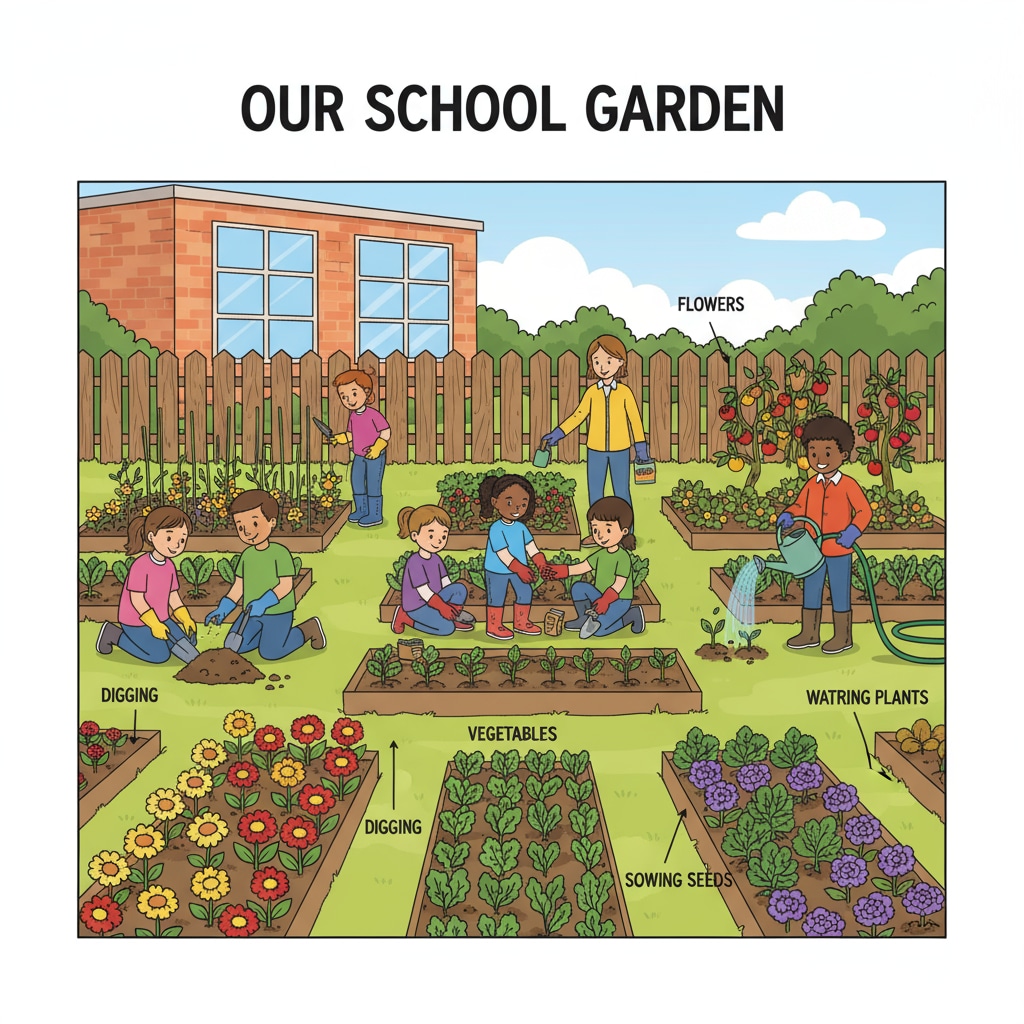 School garden as an educational tool for practical learning with students actively involved in planting