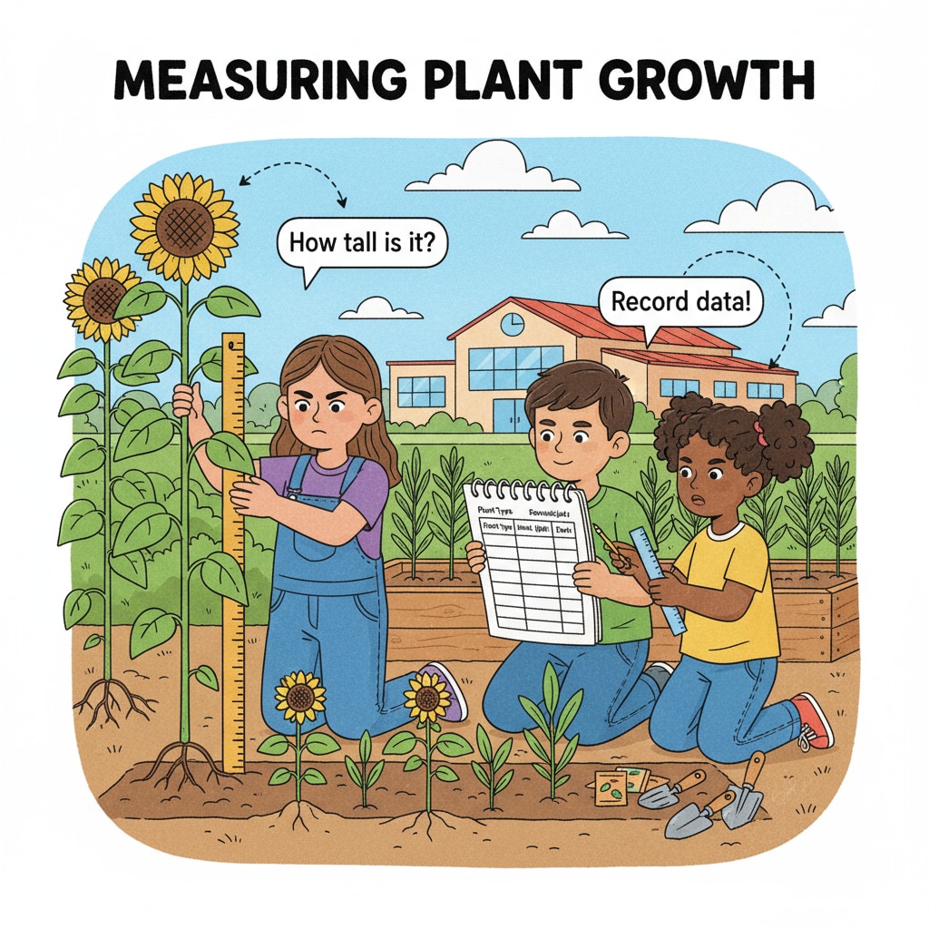 Students measuring plants in the school garden for practical learning