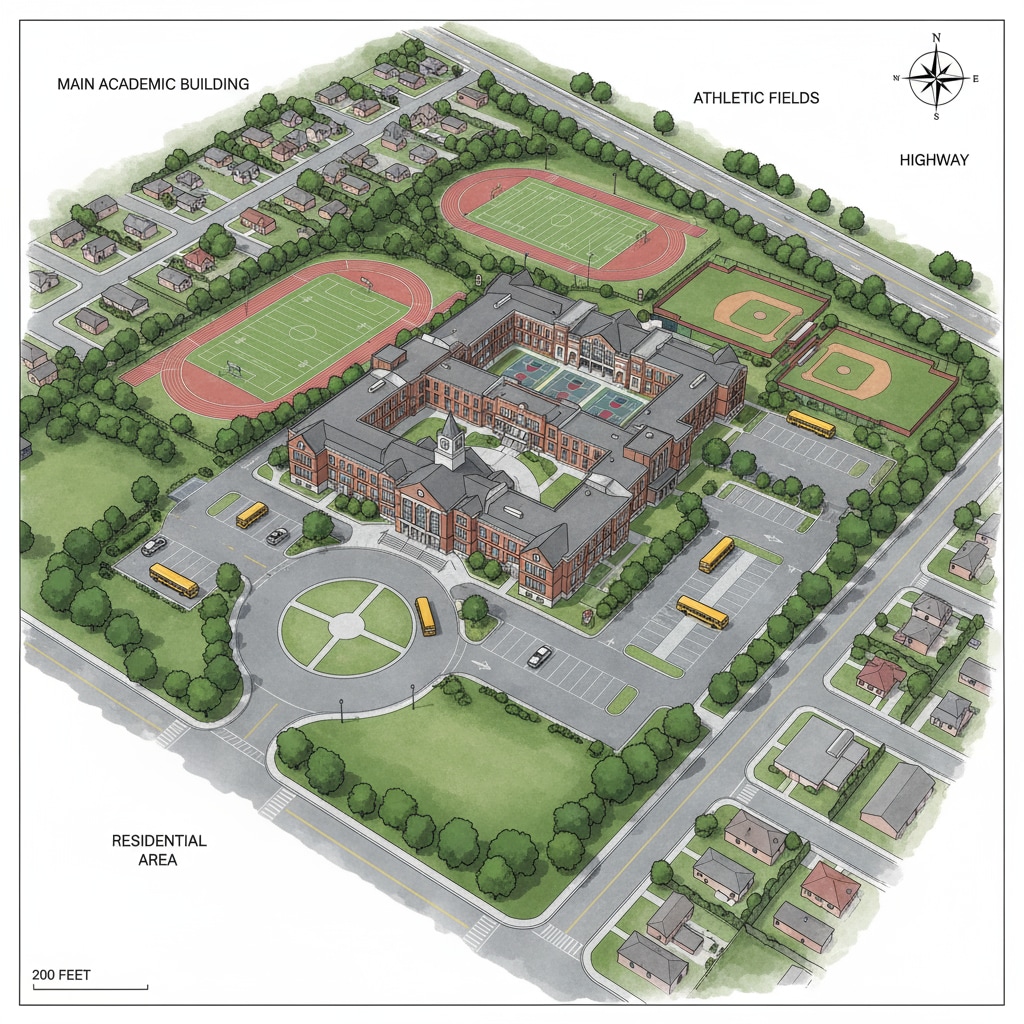 Aerial view of a public school building related to school district, public schools, charter schools, and community impact