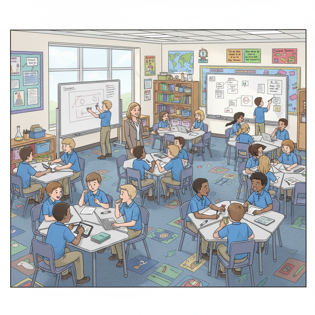 Classroom scene in a charter school relevant to school district, public schools, charter schools, and community impact