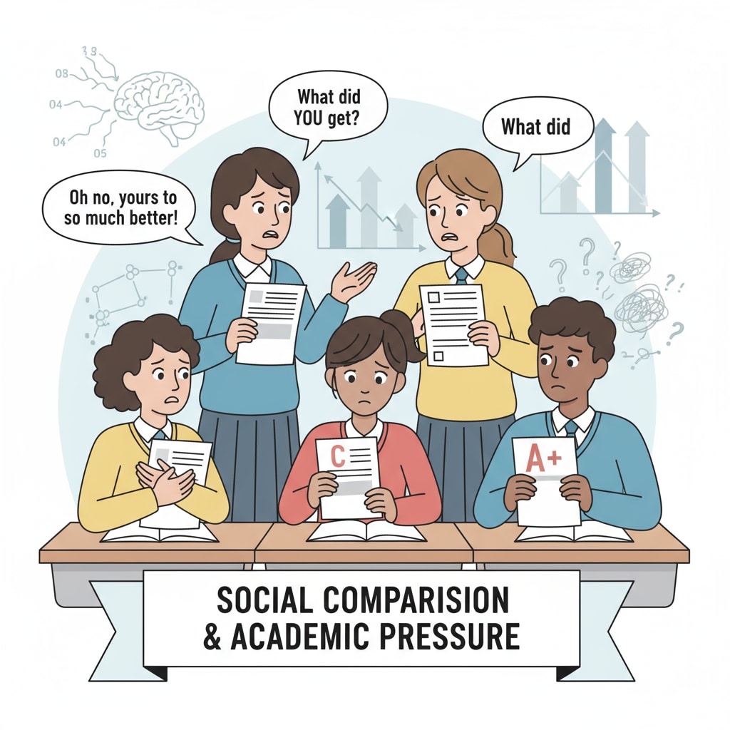 Group of students comparing test scores under the influence of social pressure in educational settings