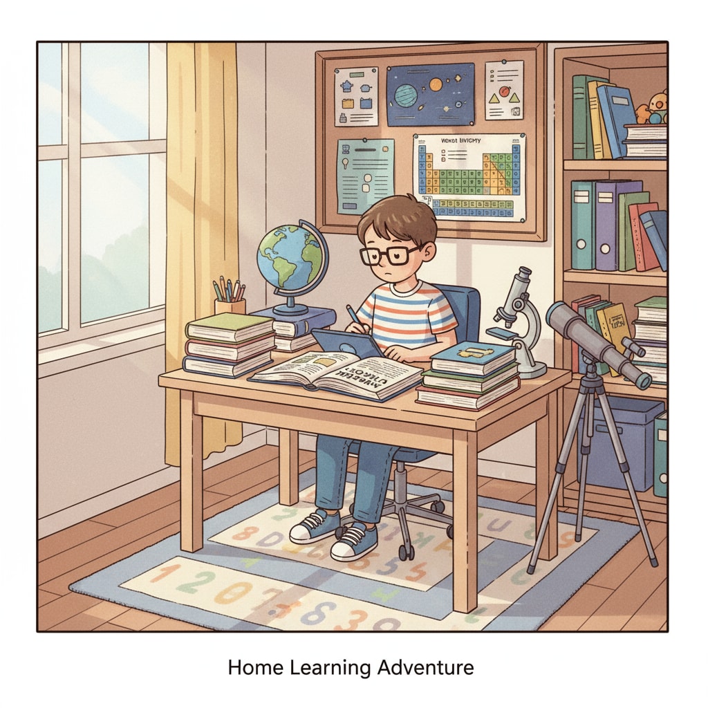 A child studying at home in a home schooling setup