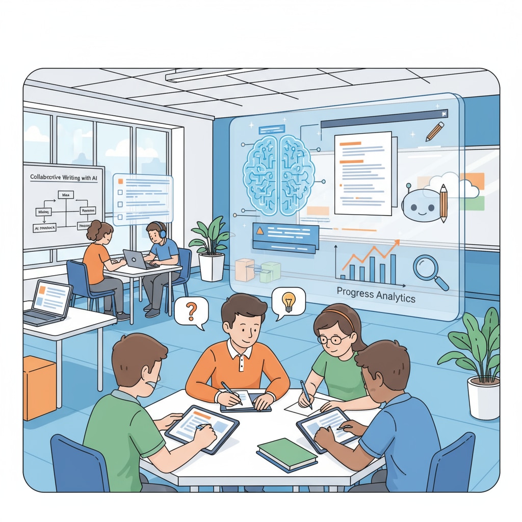 Students using AI writing tools to enhance their writing skills in a classroom setting related to teaching transformation.