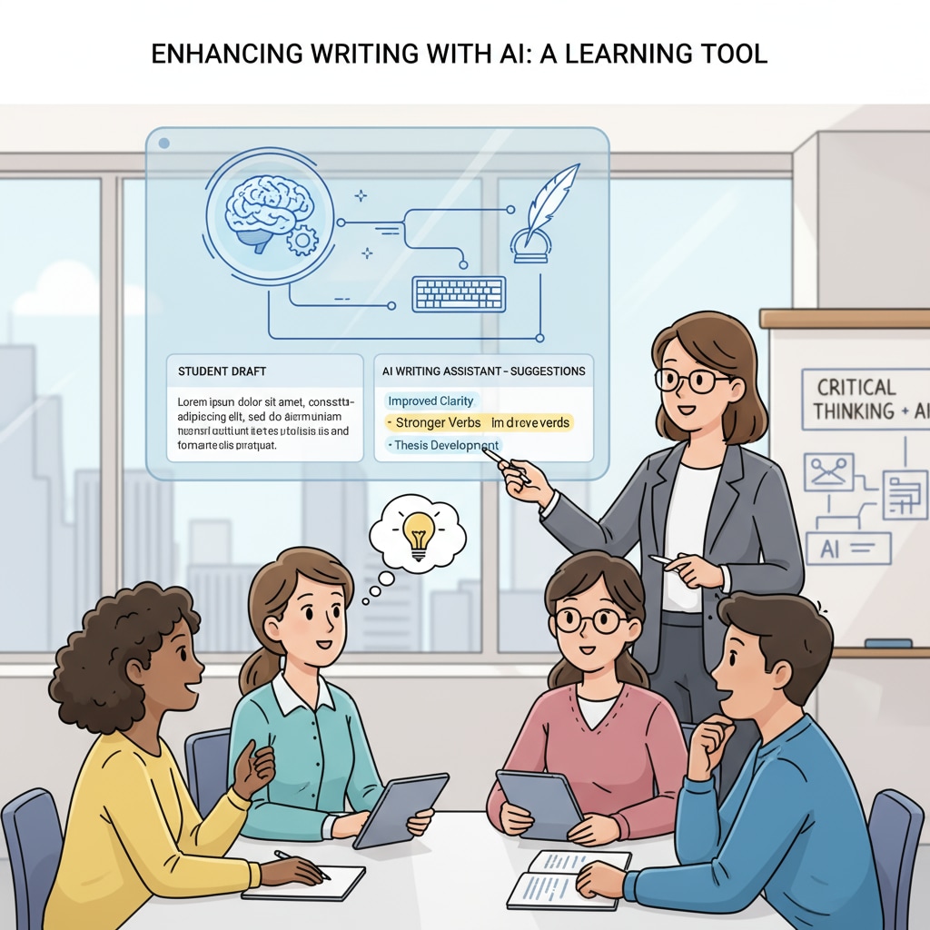 Educator showing students how to utilize AI writing tools for better writing abilities in the context of teaching transformation.