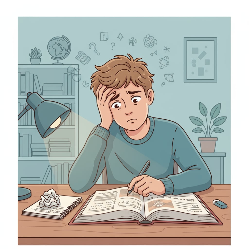 An adolescent showing signs of learning difficulties and stress while studying