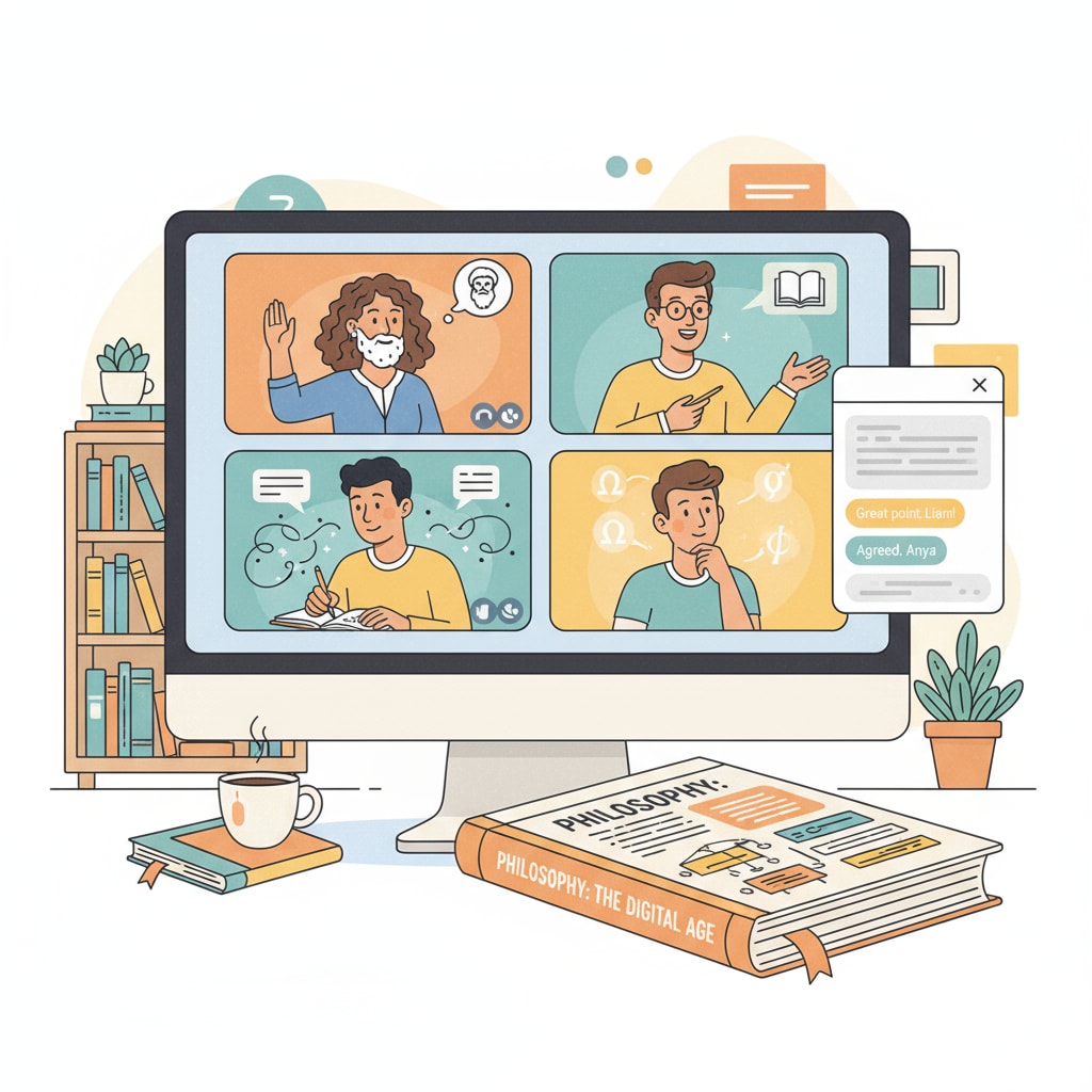 A group of students are actively participating in an online philosophy class, showing their engagement and interest. Students in an online philosophy class related to Islamic thought and modernity