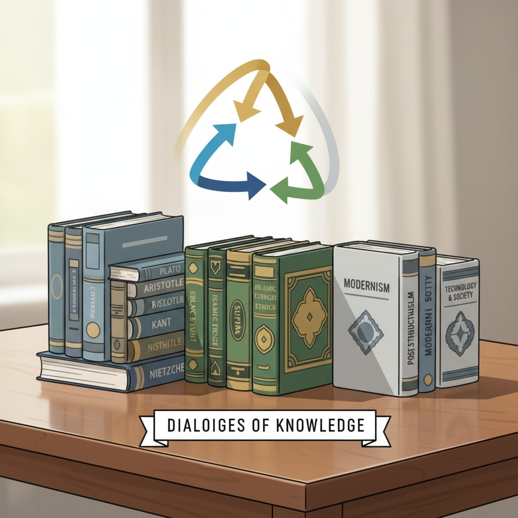 A collection of books on philosophy, Islamic thought, and modernity are neatly arranged on a table, symbolizing the intersection of these important disciplines. Books on philosophy, Islamic thought, and modernity for educational exploration