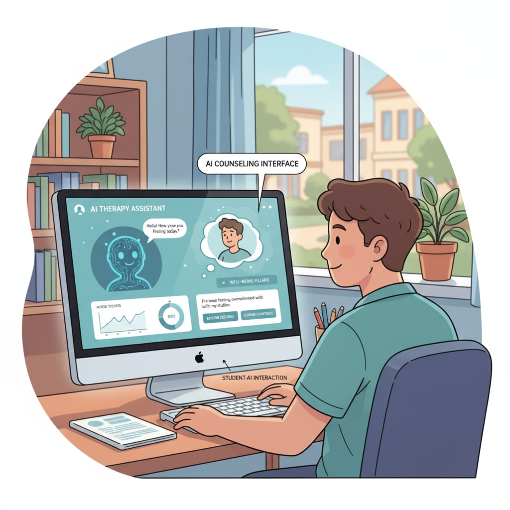 Research investigation, psychotherapy, comparison between AI and humans - Student interacting with AI counseling interface