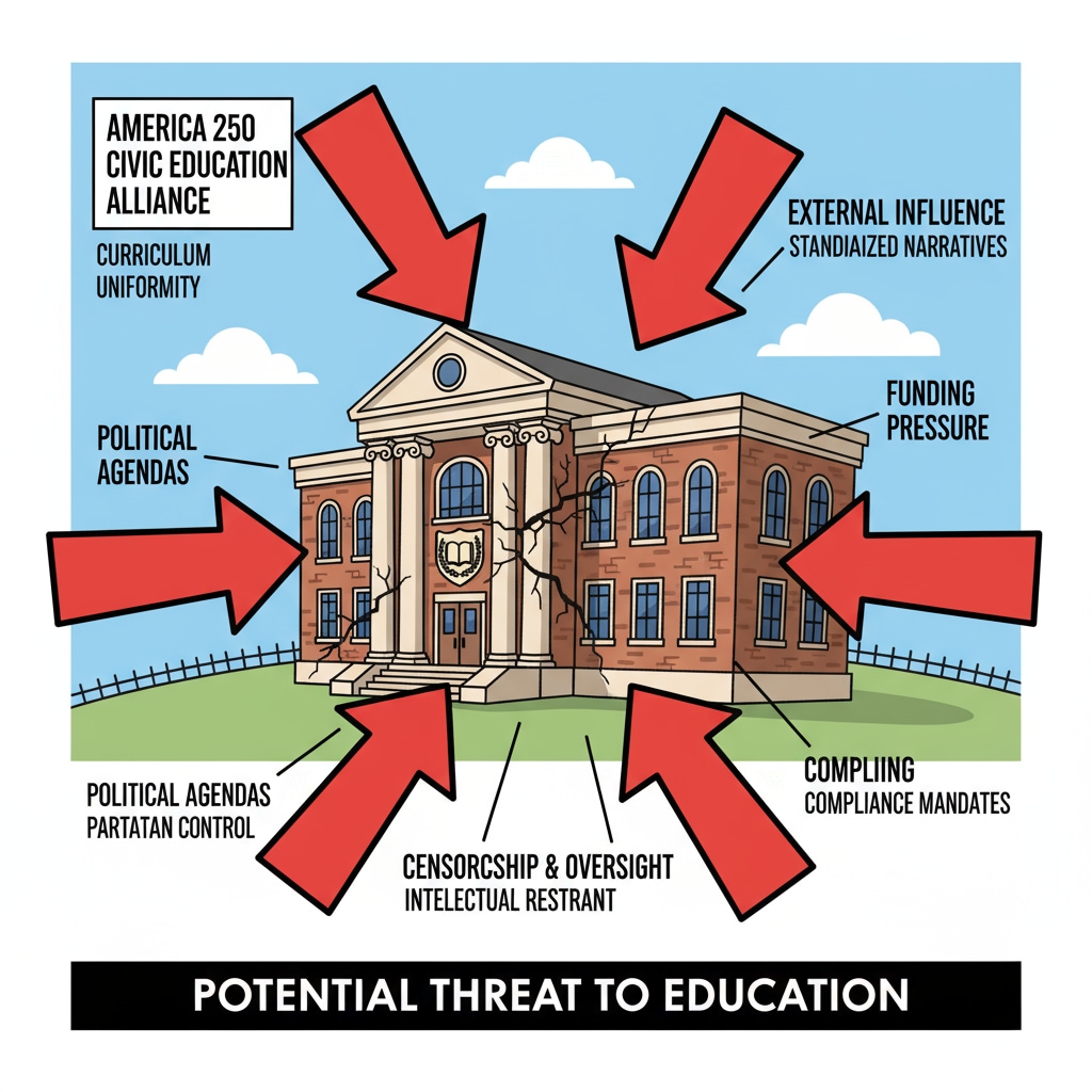 Visual representation of the threat to educational autonomy in the America 250 Civic Education context
