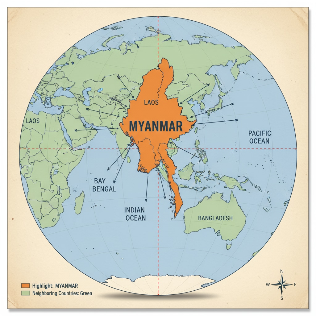 Map highlighting Myanmar's location for better understanding of its international context