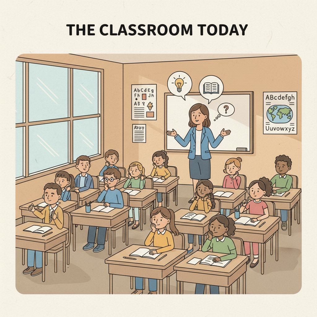 A traditional primary education classroom scene highlighting the need for educational innovation, curriculum reform, and teaching methods improvement.