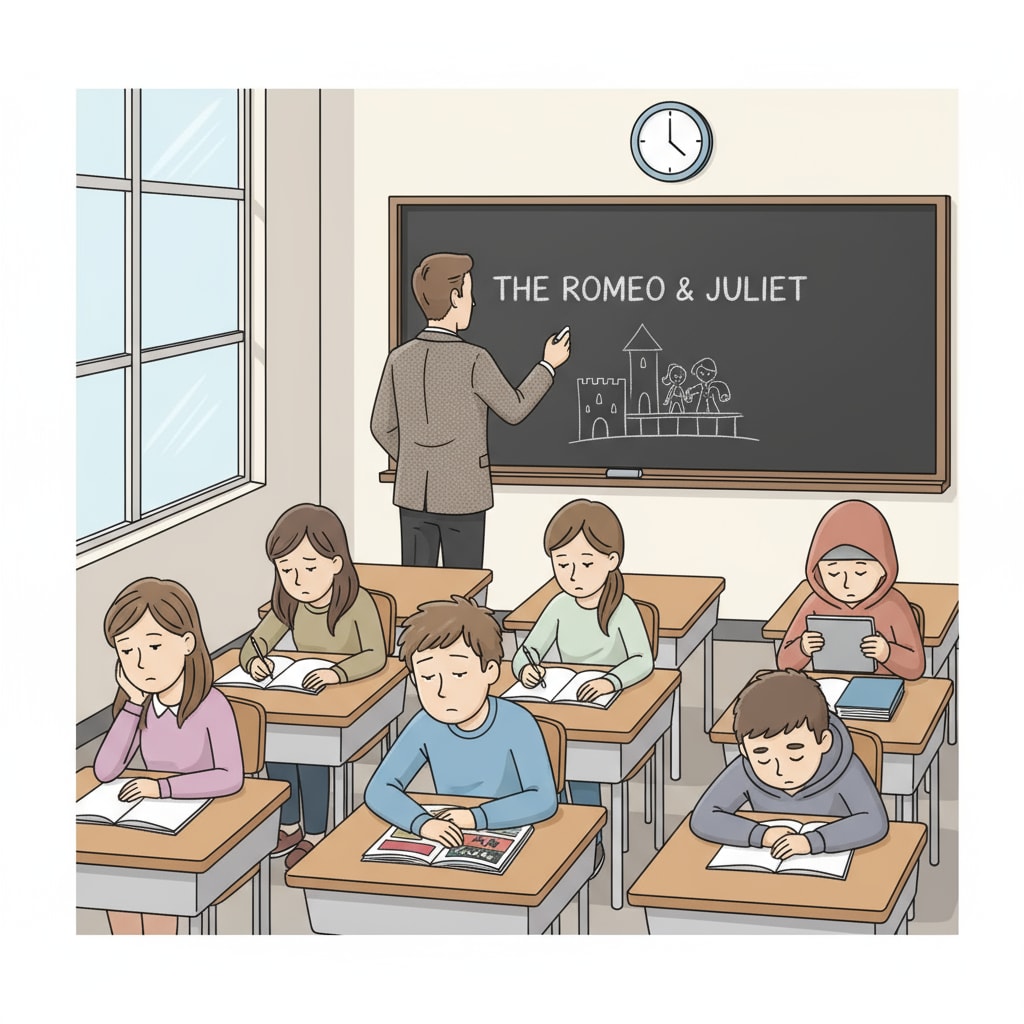 Bored students in a ninth-grade English class affected by English courses, stern teachers, and curriculum changes