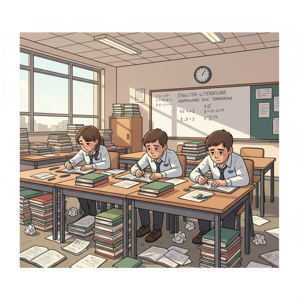 Ninth-grade students struggling with heavy English homework due to English courses, stern teachers, and curriculum changes
