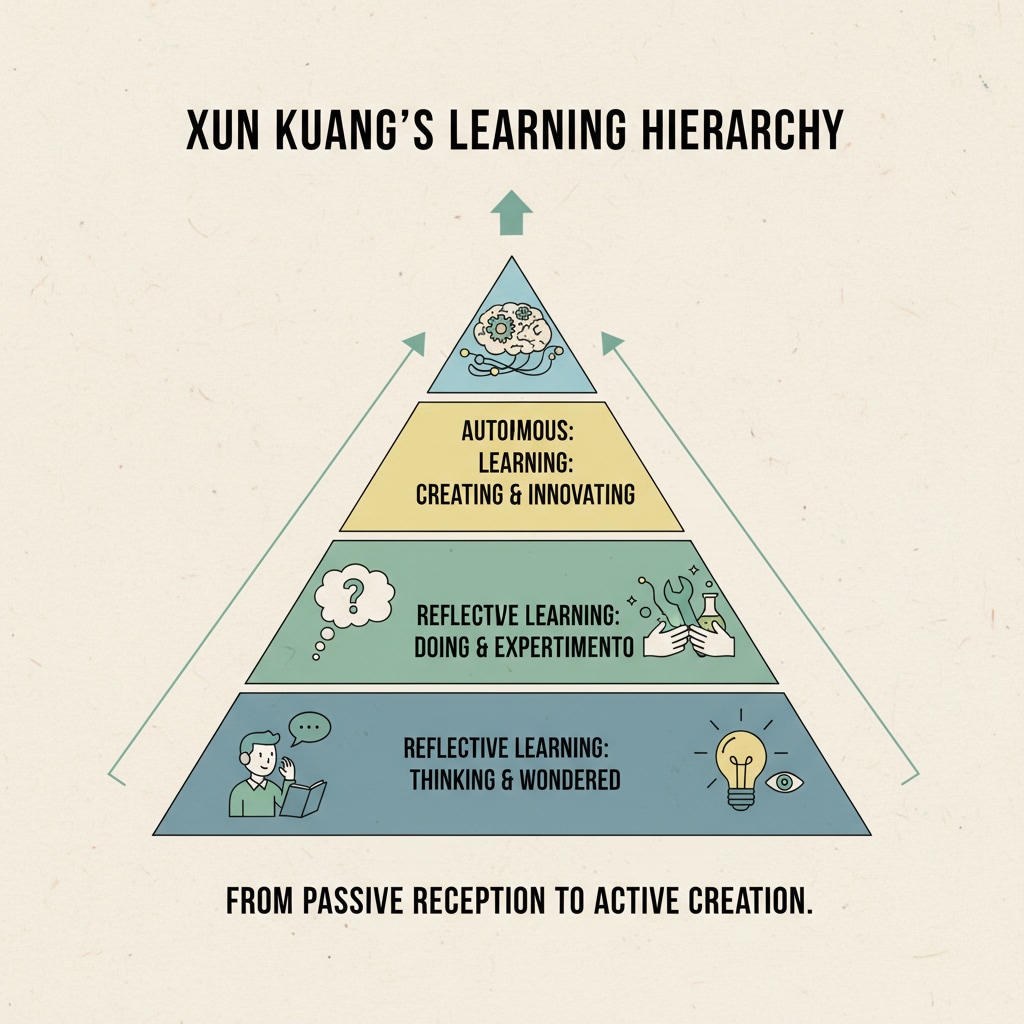 Xun Kuang's learning hierarchy theory related to learning theories, Cone of Experience, and learning by doing