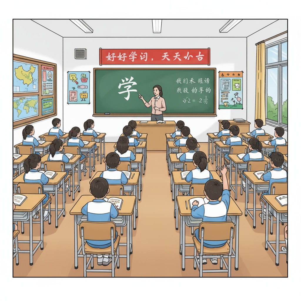 A Chinese K12 classroom scene highlighting students' focus related to education systems, US education, Chinese education, and learning pressure