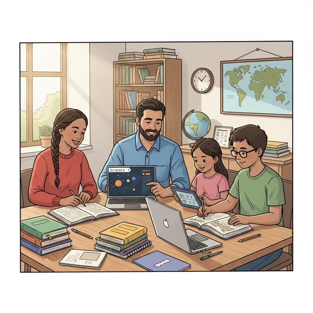 Family engaged in homeschooling with academic resources and following a schedule